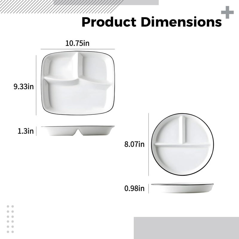Portion Control Plate, 2 Pcs Set, Divided White Ceramic Dish with Black, Round 8.1 In/20.5 Cm & Square 10.7 In/27.3 Cm, for Diet, Diabetic, Healthy Eating - Image 4