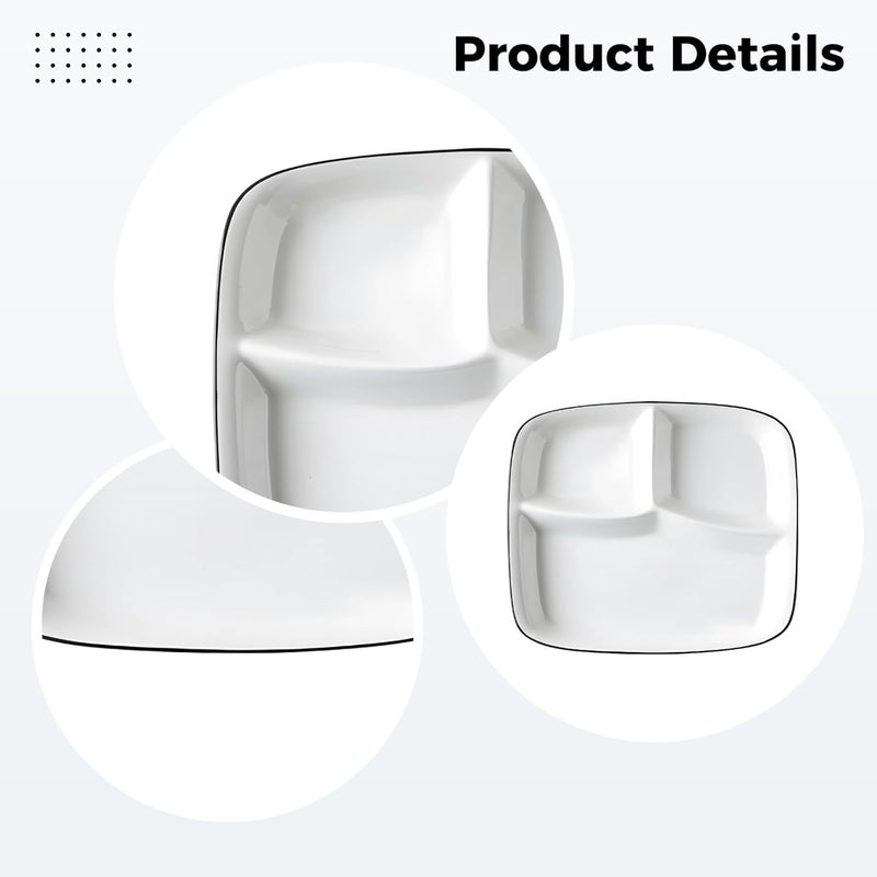 Portion Control Plate, 2 Pcs Set, Divided White Ceramic Dish with Black, Round 8.1 In/20.5 Cm & Square 10.7 In/27.3 Cm, for Diet, Diabetic, Healthy Eating - Image 2