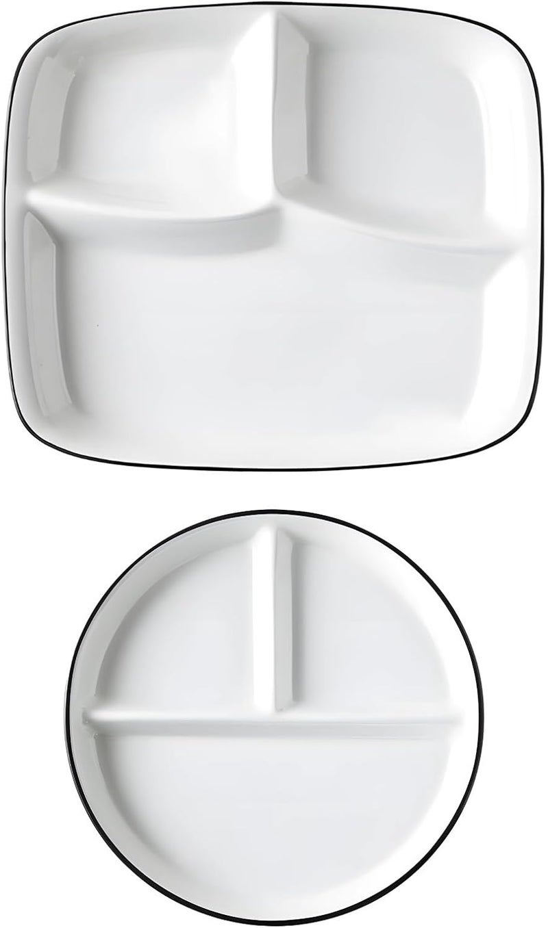 Portion Control Plate, 2 Pcs Set, Divided White Ceramic Dish with Black, Round 8.1 In/20.5 Cm & Square 10.7 In/27.3 Cm, for Diet, Diabetic, Healthy Eating - Image 1