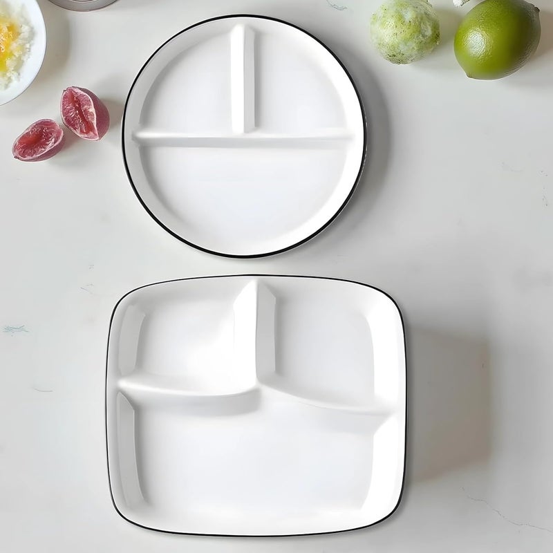 Portion Control Plate, 2 Pcs Set, Divided White Ceramic Dish with Black, Round 8.1 In/20.5 Cm & Square 10.7 In/27.3 Cm, for Diet, Diabetic, Healthy Eating - Image 3
