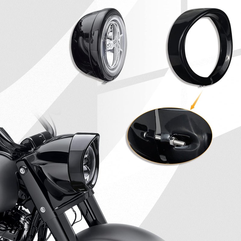 NTHREEAUTO 7" Headlight Visor Trim Ring Gloss Black Motorcycle Headlamp Frenched Rings Decorate Accessories Compatible with Harley Road King Electra Glide Heritage Softail Touring (Gloss Black) - Image 3