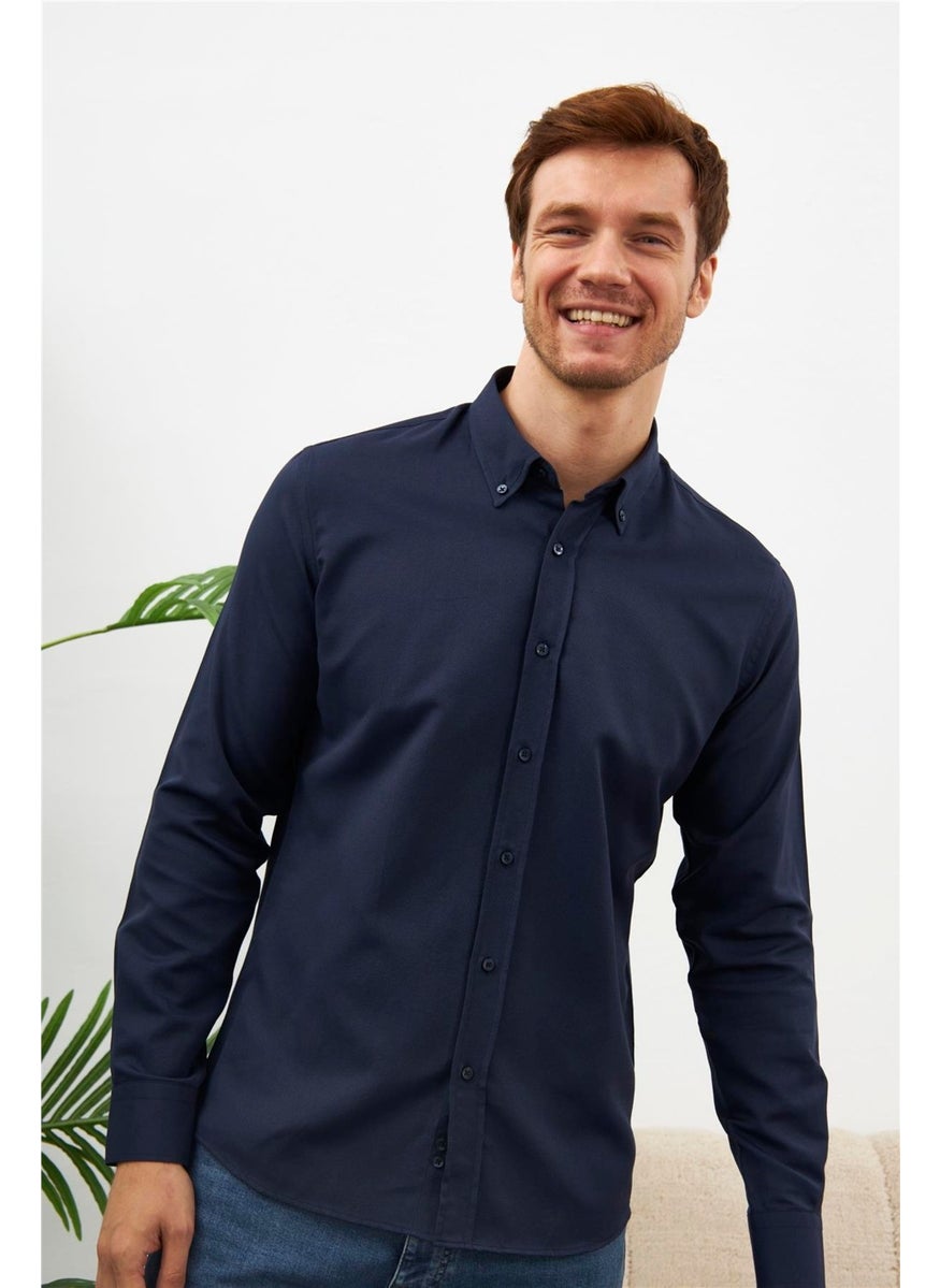 Odelon Easy Iron Oxford Men's Navy Blue Slim Fit Shirt MARS36  - Image 1
