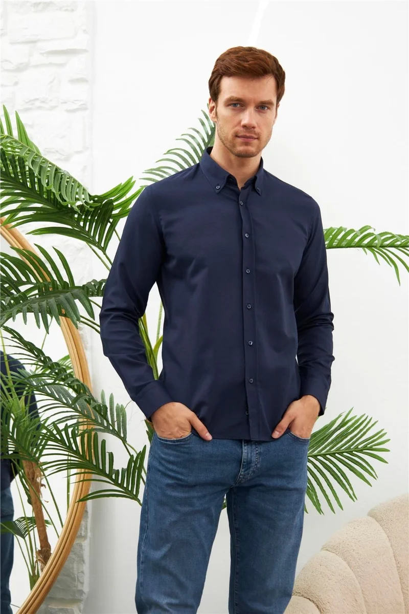Odelon Easy Iron Oxford Men's Navy Blue Slim Fit Shirt MARS36