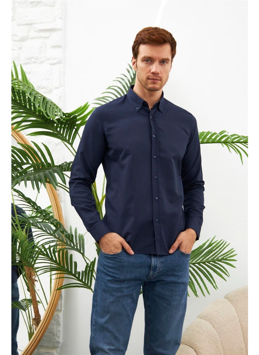Odelon Easy Iron Oxford Men's Navy Blue Slim Fit Shirt MARS36  - Image 3