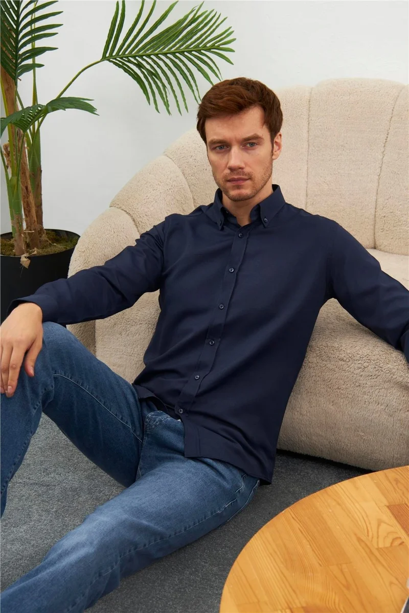 Odelon Easy Iron Oxford Men's Navy Blue Slim Fit Shirt MARS36