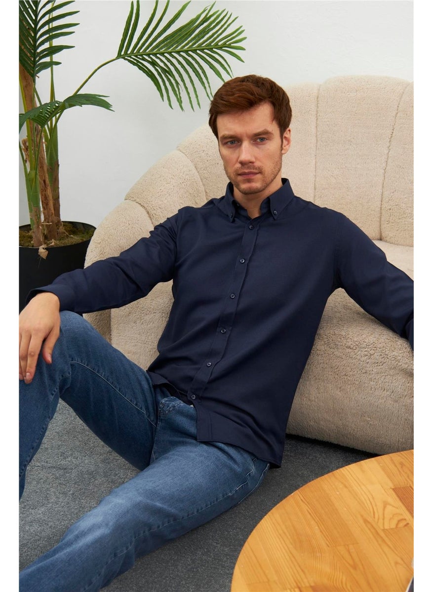 Odelon Easy Iron Oxford Men's Navy Blue Slim Fit Shirt MARS36  - Image 4