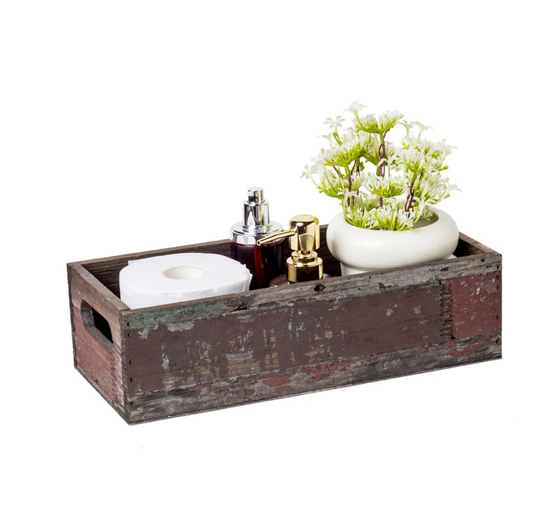 TIMRIS Farmhouse Distressed Wooden Storage Box, Rustic Bathroom Decor Box, Decorative Toilet Tank Basket Nice Butt, Solid Reclaimed Wood Organizer Box with Handles (Random) - Image 1