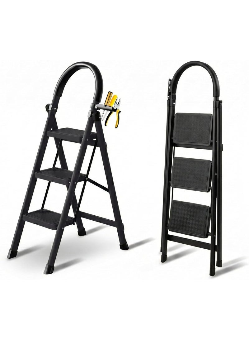 سلم درج قابل للطي مع حامل أدوات، هيكل حديد قوي، درجات عريضة مانعة للانزلاق، قواعد مطاطية لحماية الأرضية، خفيف وسهل التخزين للاستخدام المنزلي داخل/خارج المنزل، يتحمل 110 كجم