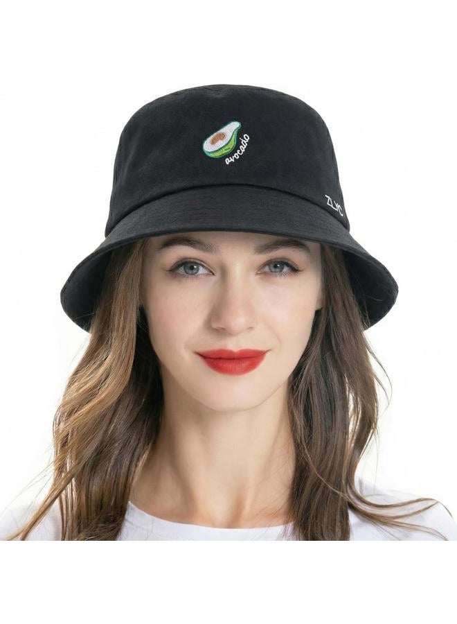 ZLYC Unisex Fashion Embroidered Bucket Hat Summer Fisherman Cap for Men Women Teens, Black Avocado, One size - Image 1