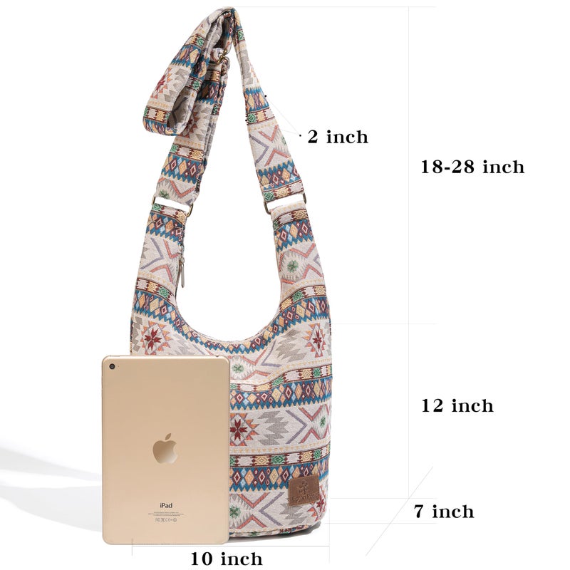 Coton Pose Women Hippie Crossbody Canvas Sling Bag - Top Zip Large Capacity, Jacquard Cloth Handmade - Boho Khaki - Image 3