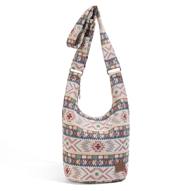 Coton Pose Women Hippie Crossbody Canvas Sling Bag - Top Zip Large Capacity, Jacquard Cloth Handmade - Boho Khaki - Image 1