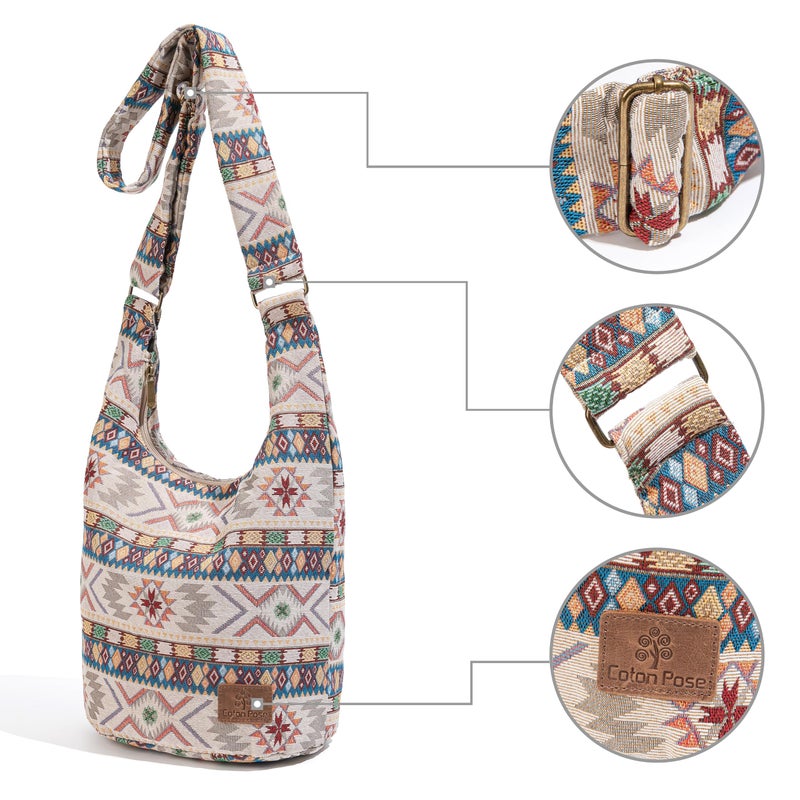 Coton Pose Women Hippie Crossbody Canvas Sling Bag - Top Zip Large Capacity, Jacquard Cloth Handmade - Boho Khaki - Image 4