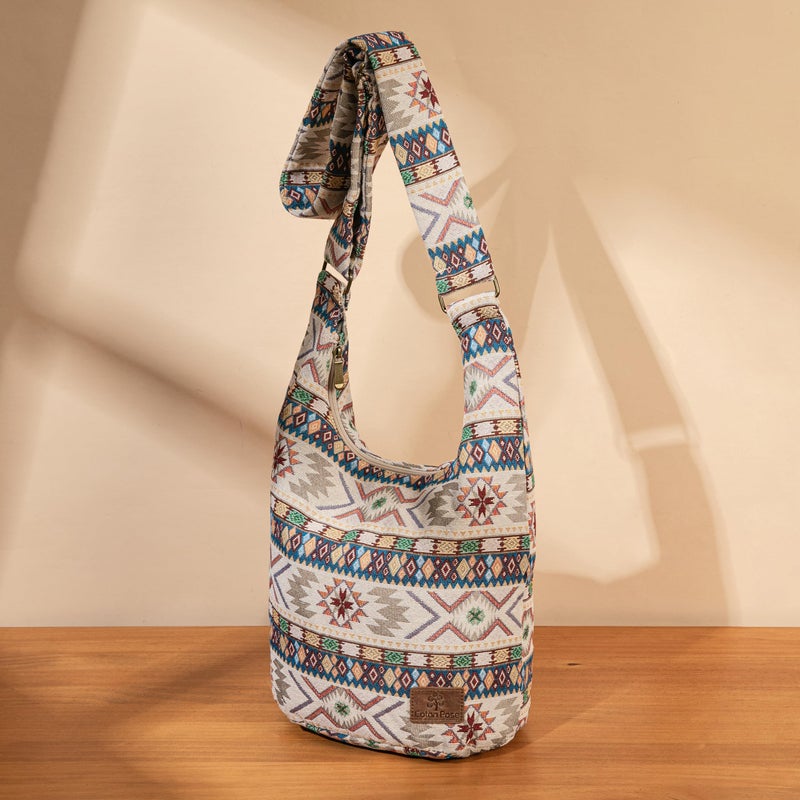 Coton Pose Women Hippie Crossbody Canvas Sling Bag - Top Zip Large Capacity, Jacquard Cloth Handmade - Boho Khaki - Image 2