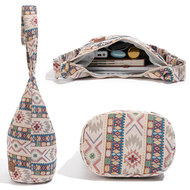 Coton Pose Women Hippie Crossbody Canvas Sling Bag - Top Zip Large Capacity, Jacquard Cloth Handmade - Boho Khaki - Image 5