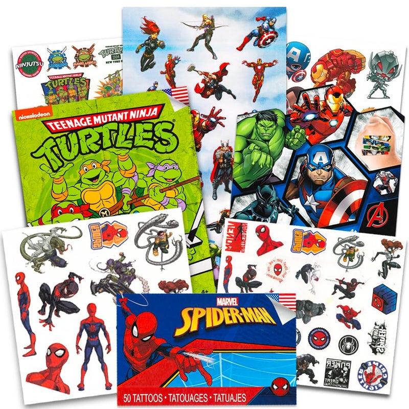 MARVEL Super Hero Tattoos Party Favors Set - 150 Superhero Temporary Tattoos Featuring Marvel Avengers, Spiderman and Teenage Mutant Ninja Turtles Bundle with Avengers Reward Stickers - Image 1
