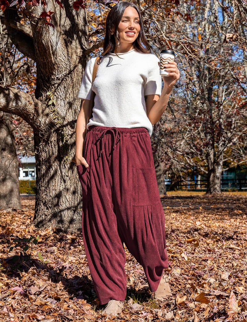 TARSE Women's Corduroy Pants Elastic Waist Drawstring Harem Wide Leg Loose Fit Barrel Lounge Pants with Pockets, Wine, L - Image 4