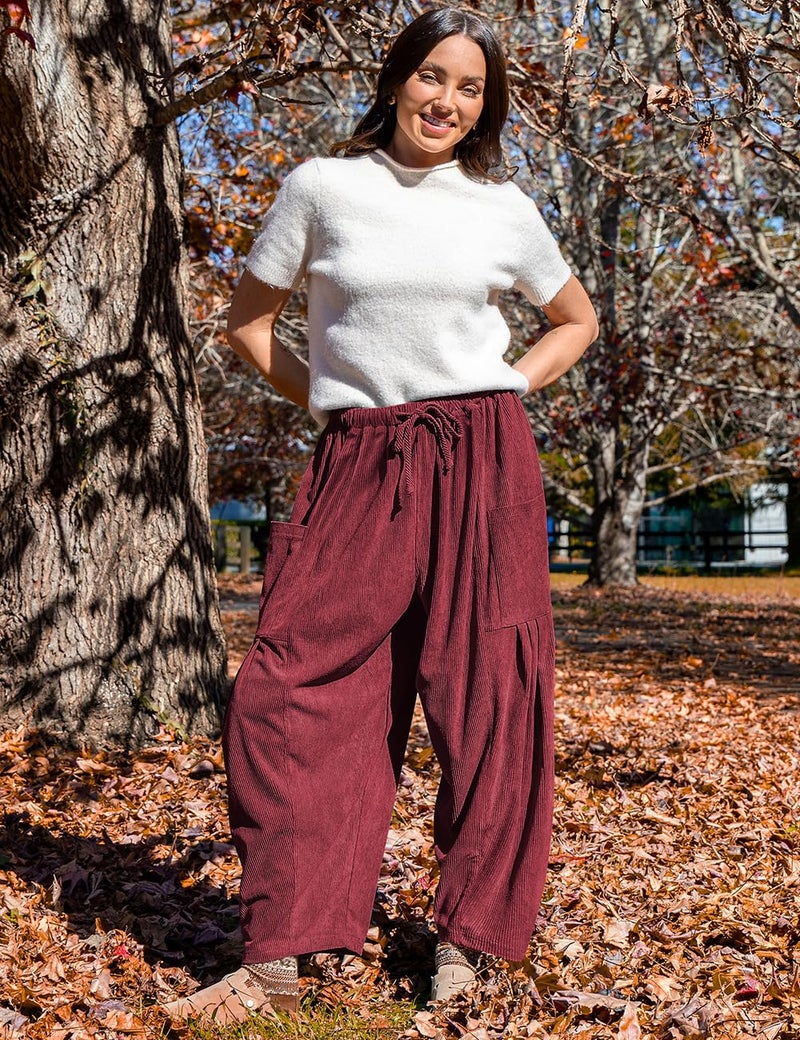 TARSE Women's Corduroy Pants Elastic Waist Drawstring Harem Wide Leg Loose Fit Barrel Lounge Pants with Pockets, Wine, L - Image 3