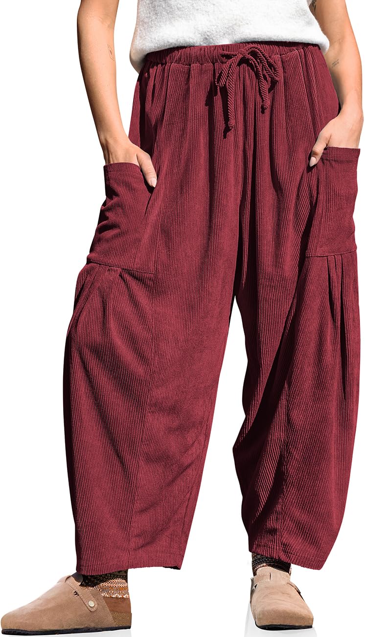 TARSE Women's Corduroy Pants Elastic Waist Drawstring Harem Wide Leg Loose Fit Barrel Lounge Pants with Pockets, Wine, L - Image 1