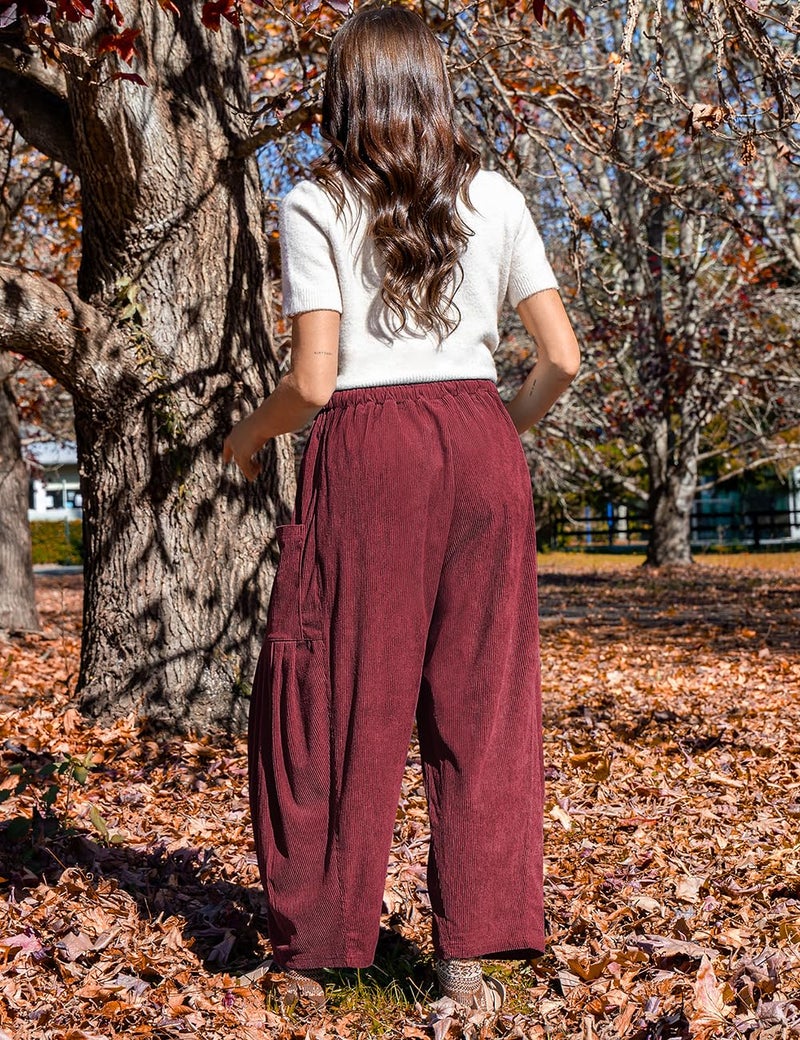 TARSE Women's Corduroy Pants Elastic Waist Drawstring Harem Wide Leg Loose Fit Barrel Lounge Pants with Pockets, Wine, L - Image 5