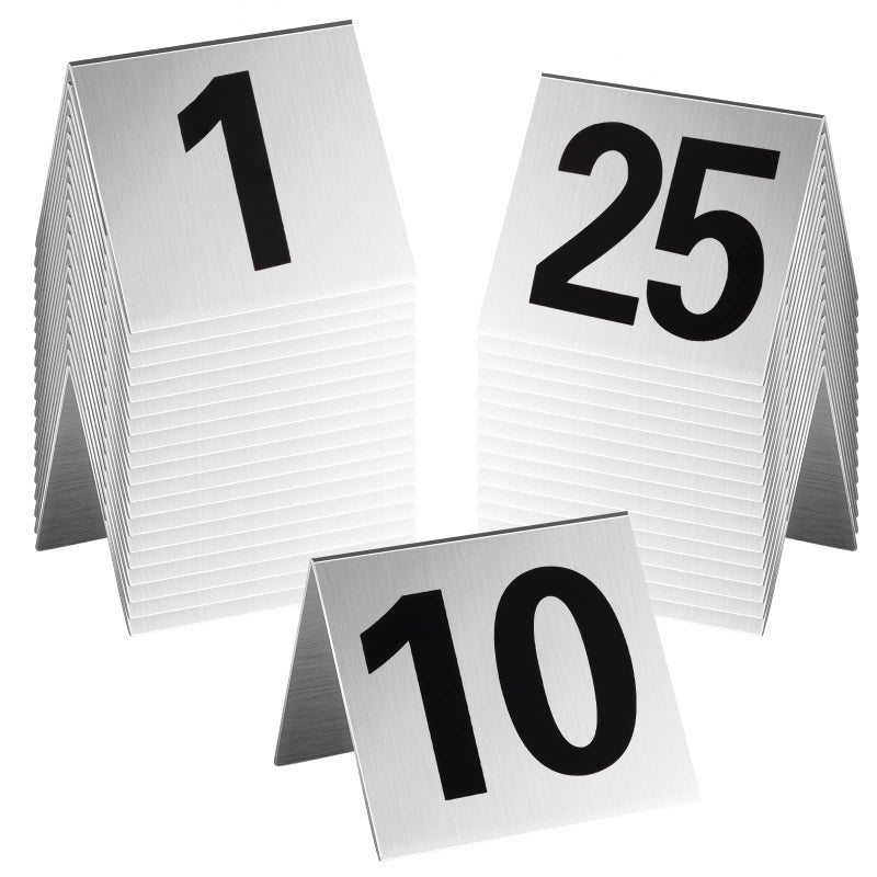 أرقام الطاولات المعدنية من أميهيل 25 قطعة خيمة الطاولة للمطاعم 125 بطاقات مكان قابلة للتكديس من الألمنيوم لخدمة الطعام المقاهي الحانات حفلات الزفاف الاستقبالات التجمعات 236 × 217 بوصة