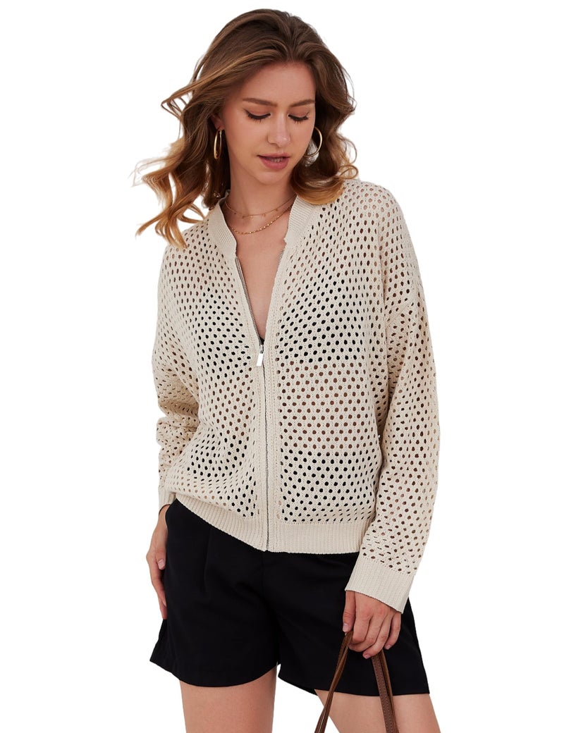 HOCANDY Womens Zip Up Crochet Cardigan Sweater Oversized Long Sleeve Hollow Out Knit Bomber Jacket Fishnet Sweaters - Image 1