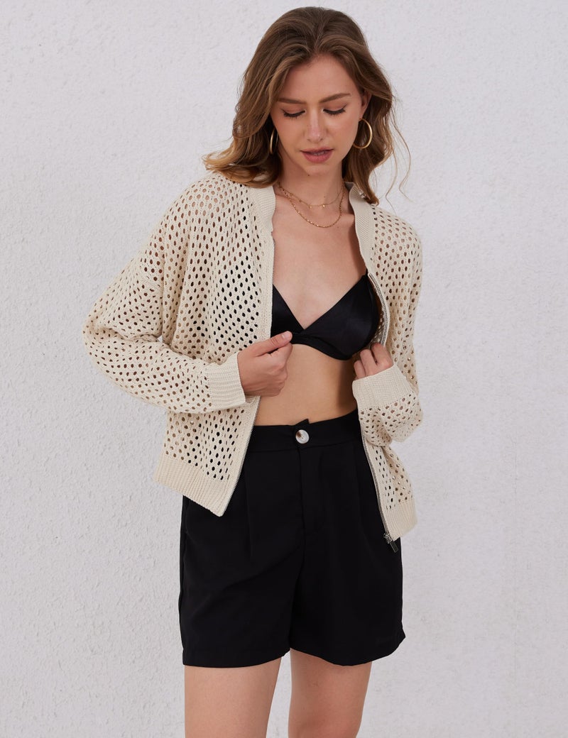 HOCANDY Womens Zip Up Crochet Cardigan Sweater Oversized Long Sleeve Hollow Out Knit Bomber Jacket Fishnet Sweaters - Image 2