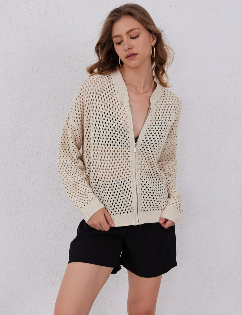HOCANDY Womens Zip Up Crochet Cardigan Sweater Oversized Long Sleeve Hollow Out Knit Bomber Jacket Fishnet Sweaters - Image 4