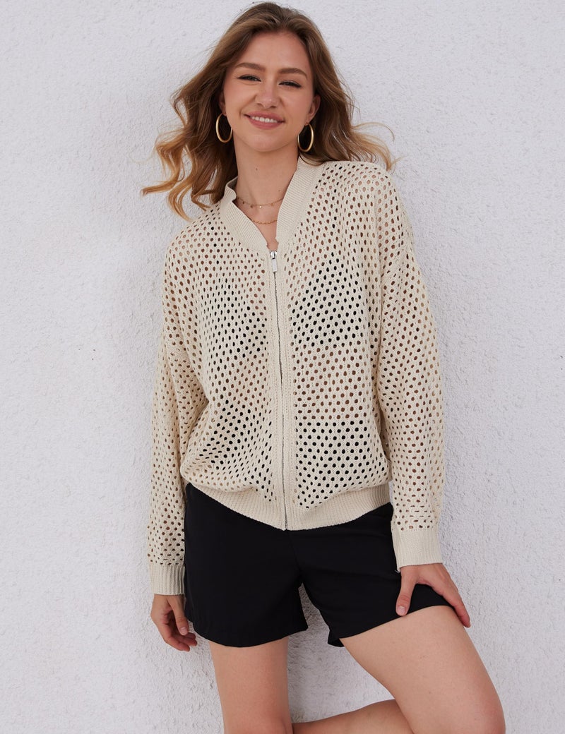 HOCANDY Womens Zip Up Crochet Cardigan Sweater Oversized Long Sleeve Hollow Out Knit Bomber Jacket Fishnet Sweaters - Image 5