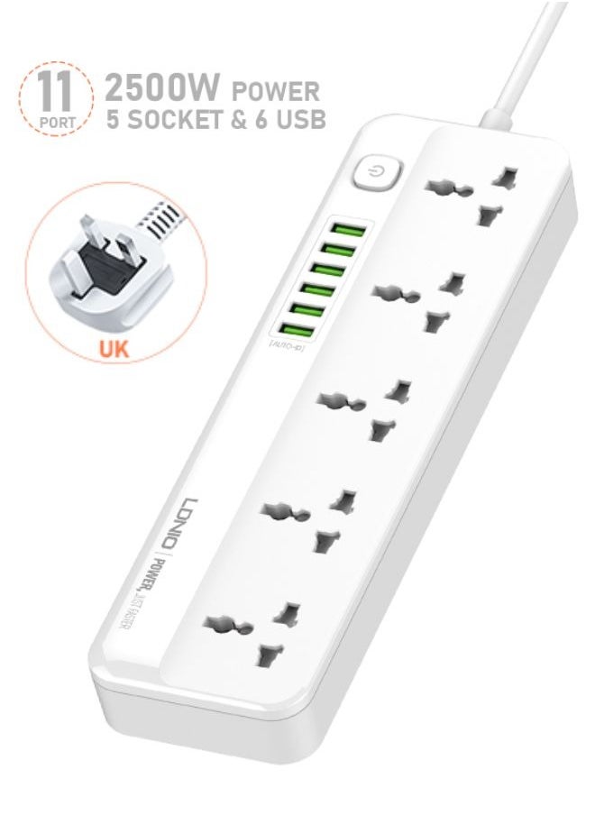5 Universal Power Extension Cord with Multi Sockets Outlets Compatible With UK/UAE, 6 Auto ID USB Ports For Mobile Charging, And 2m Extension Cord for Home, Office, Dorm Essentials