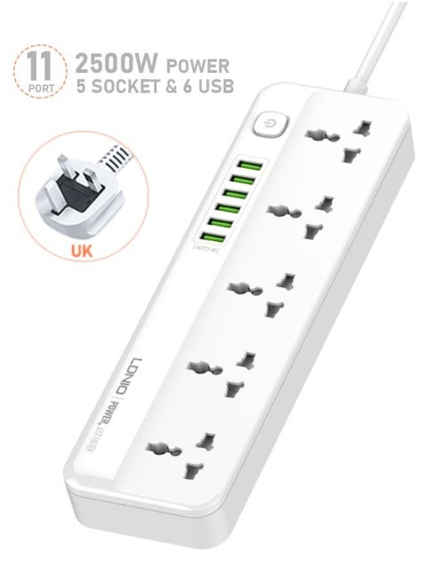 5 Universal Power Extension Cord with Multi Sockets Outlets Compatible With UK/UAE, 6 Auto ID USB Ports For Mobile Charging, And 2m Extension Cord for Home, Office, Dorm Essentials
