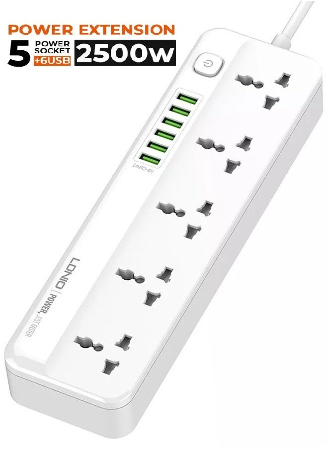 5 Universal Power Extension Cord with Multi Sockets Outlets Compatible With UK/UAE, 6 Auto ID USB Ports For Mobile Charging, And 2m Extension Cord for Home, Office, Dorm Essentials