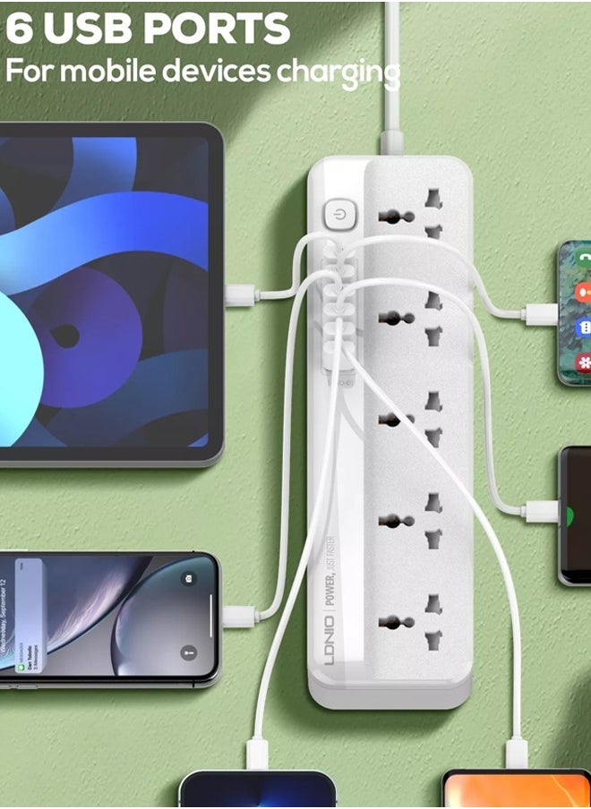 5 Universal Power Extension Cord with Multi Sockets Outlets Compatible With UK/UAE, 6 Auto ID USB Ports For Mobile Charging, And 2m Extension Cord for Home, Office, Dorm Essentials