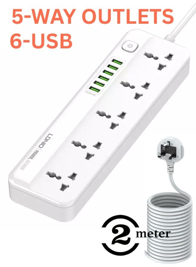 LDNIO 5 Universal Power Extension Cord with Multi Sockets Outlets Compatible With UK/UAE, 6 Auto ID USB Ports For Mobile Charging, And 2m Extension Cord for Home, Office, Dorm Essentials - Image 1