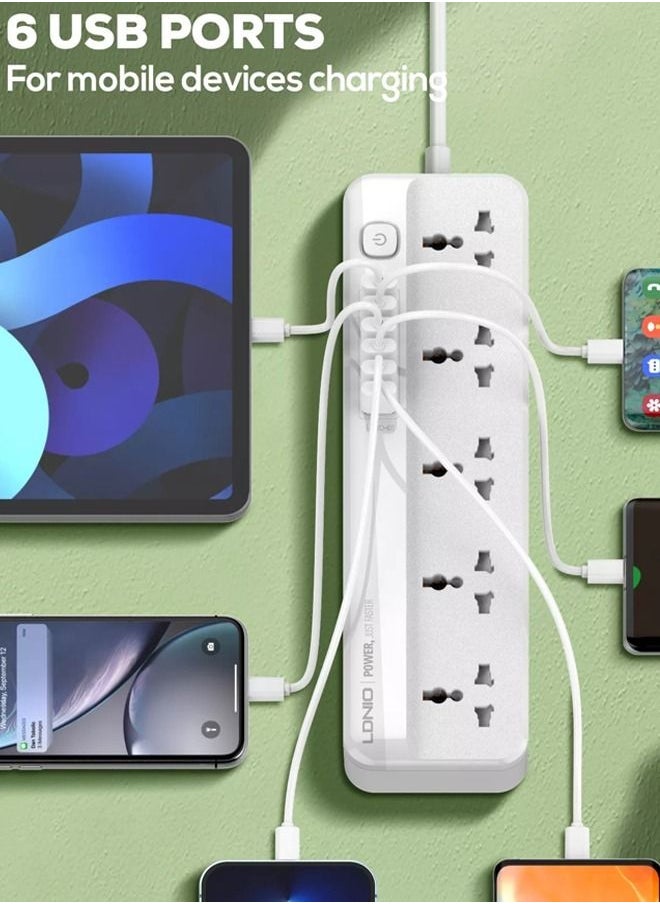 LDNIO - 5 Universal Power Extension Cord with Multi Sockets Outlets Compatible With UK/UAE, 6 Auto ID USB Ports For Mobile Charging, And 2m Extension Cord for Home, Office, Dorm Essentials - Image 1