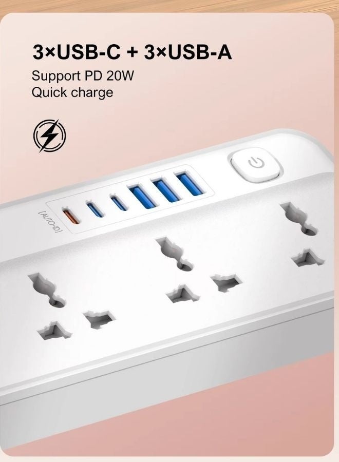 LDNIO سلك تمديد الطاقة مع مقابس متعددة، 5 منافذ عالمية متوافقة مع قابس المملكة المتحدة/الإمارات العربية المتحدة، 6 منافذ USB للهوية التلقائية لشحن الهاتف المحمول، وسلك تمديد بطول 2 متر للمنزل والمكتب وأساسيات السكن - Image 3