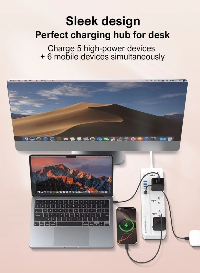 LDNIO سلك تمديد الطاقة مع مقابس متعددة، 5 منافذ عالمية متوافقة مع قابس المملكة المتحدة/الإمارات العربية المتحدة، 6 منافذ USB للهوية التلقائية لشحن الهاتف المحمول، وسلك تمديد بطول 2 متر للمنزل والمكتب وأساسيات السكن - Image 2