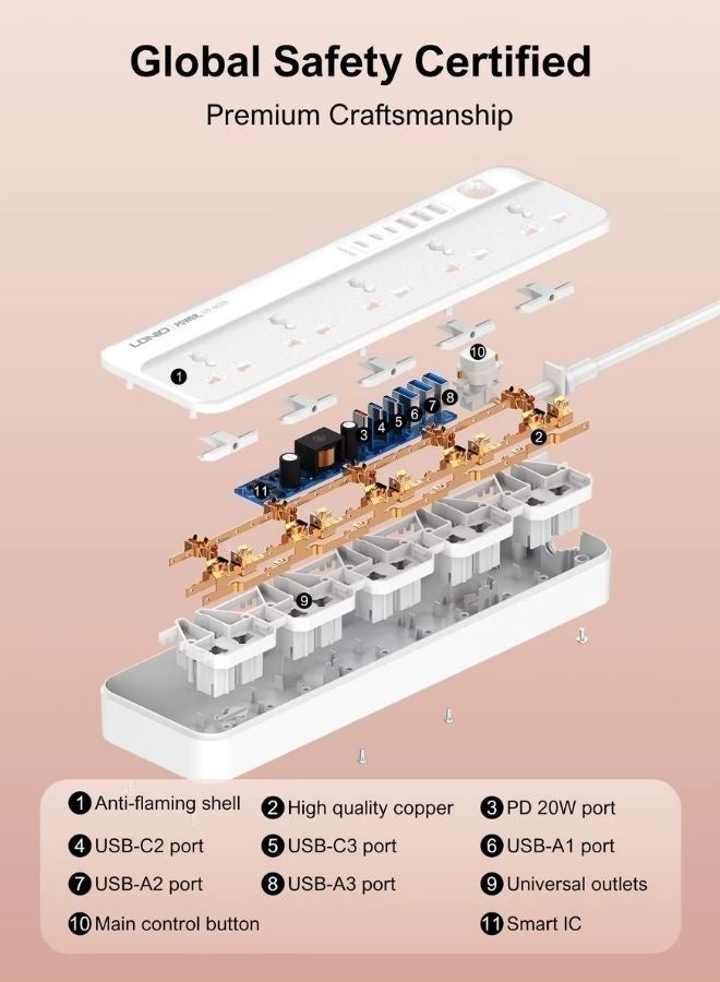 LDNIO سلك تمديد الطاقة مع مقابس متعددة، 5 منافذ عالمية متوافقة مع قابس المملكة المتحدة/الإمارات العربية المتحدة، 6 منافذ USB للهوية التلقائية لشحن الهاتف المحمول، وسلك تمديد بطول 2 متر للمنزل والمكتب وأساسيات السكن - Image 4