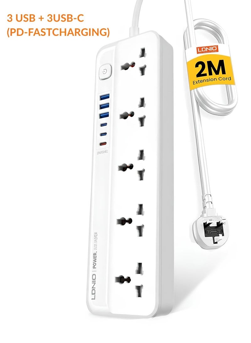 LDNIO سلك تمديد الطاقة مع مقابس متعددة، 5 منافذ عالمية متوافقة مع قابس المملكة المتحدة/الإمارات العربية المتحدة، 6 منافذ USB للهوية التلقائية لشحن الهاتف المحمول، وسلك تمديد بطول 2 متر للمنزل والمكتب وأساسيات السكن - Image 1