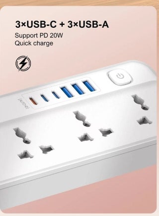 5 Universal Power Extension Cord with UK/UAE Plug, 5 AC Sockets, USB-C (3 Ports) & USB-A (3 Ports) Auto-ID, 2m Cable for Home & Office - view 3