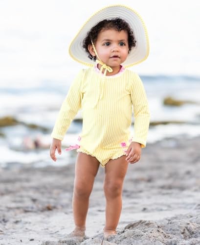RuffleButts Baby-Girls Seersucker Long Sleeve Rash Guard - One Piece Swimsuit UPF 50+ Toddler - Image 2