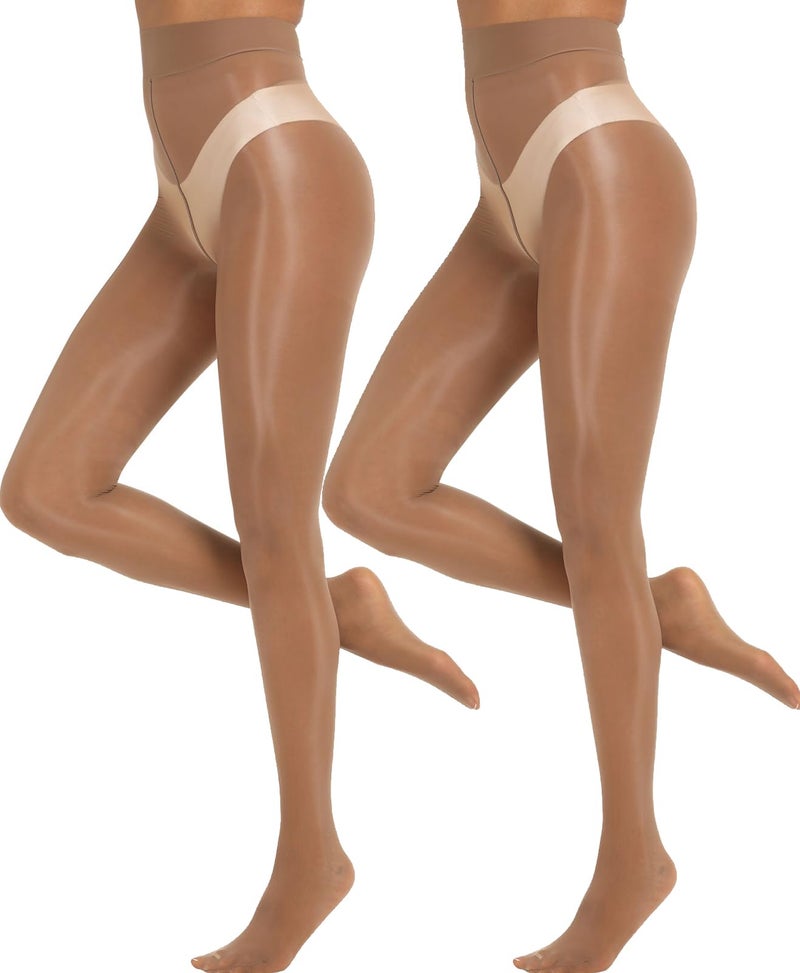 MANZI Shiny Pantyhose for Women 2 Pairs Shimmer Sheer Tights Ultra Silky Brown Large-X-Large - Image 1