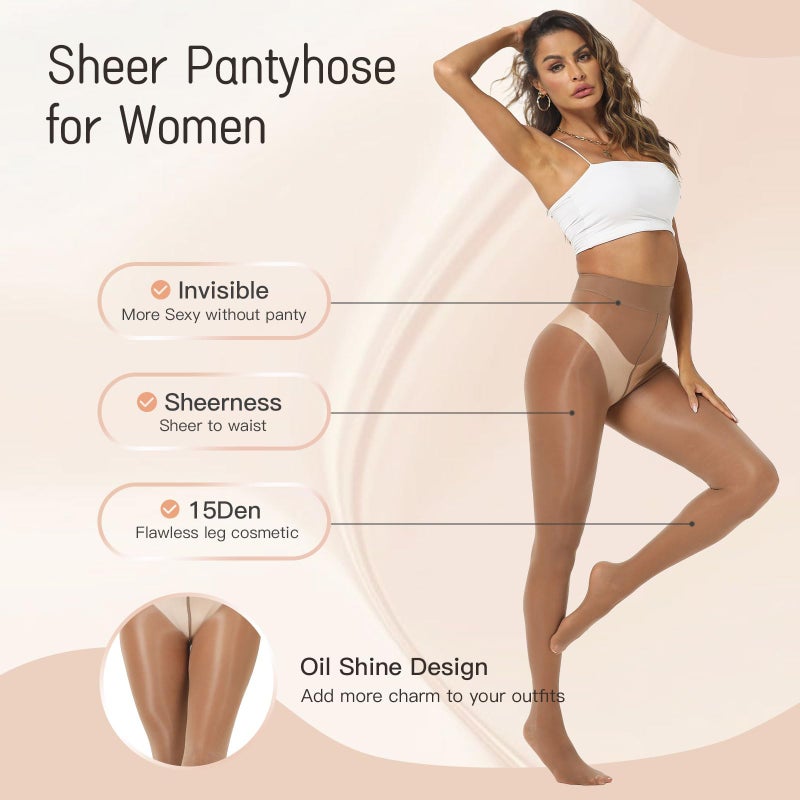 MANZI Shiny Pantyhose for Women 2 Pairs Shimmer Sheer Tights Ultra Silky Brown Large-X-Large - Image 4