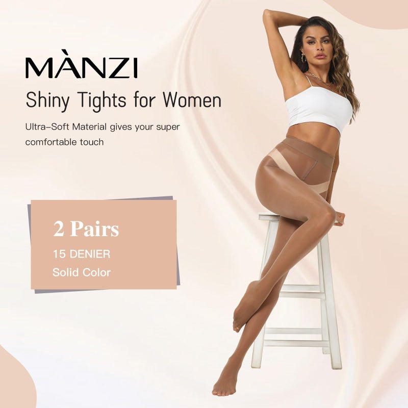 MANZI Shiny Pantyhose for Women 2 Pairs Shimmer Sheer Tights Ultra Silky Brown Large-X-Large - Image 3