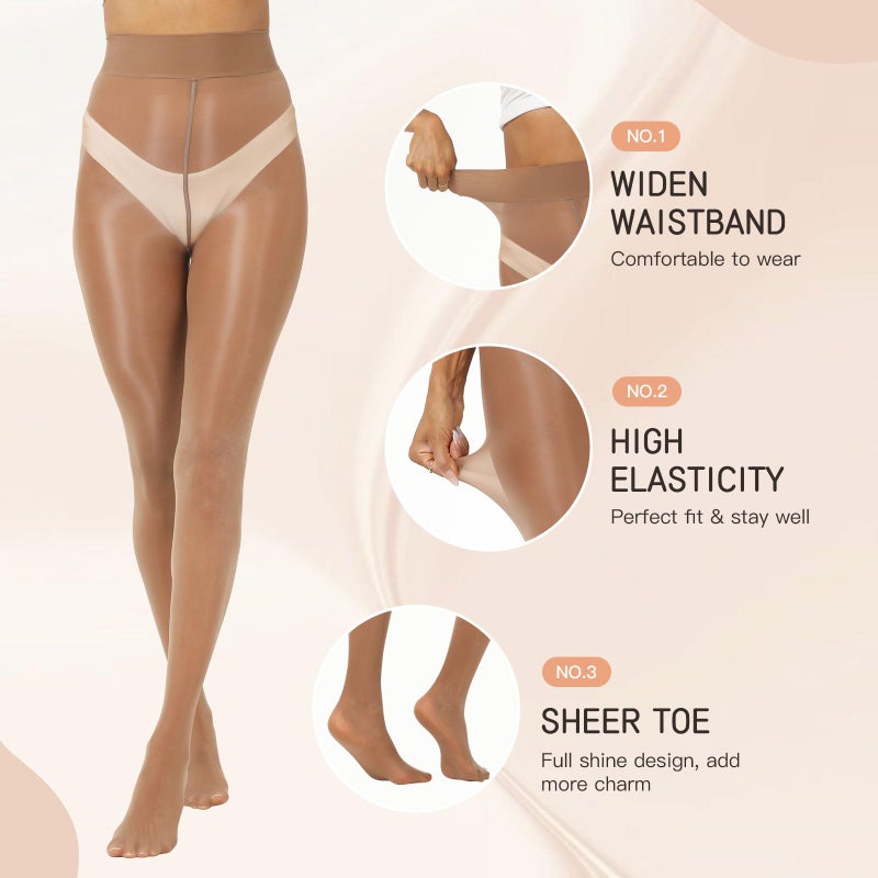 MANZI Shiny Pantyhose for Women 2 Pairs Shimmer Sheer Tights Ultra Silky Brown Large-X-Large - Image 5