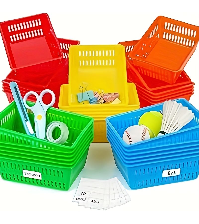 4pcs Colorful Small Plastic Storage Baskets Classroom Desk Organizer Shelf Baskets - Image 1