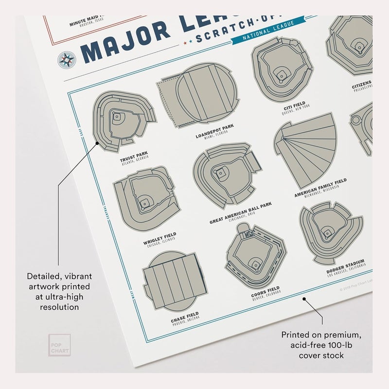 Pop Chart Lab Pop Chart | Major League Ballparks Scratch-Off Poster | 12" x 16" Print | Track Your Visits to MLB Stadiums | Baseball Decor Gift | 100% Made in USA - Image 3