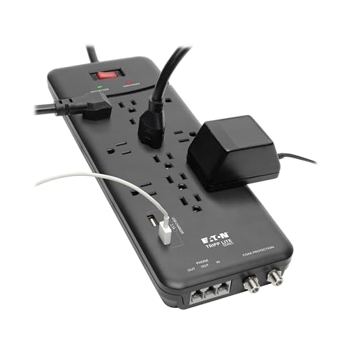 Tripp Lite Eaton Tripp Lite TLP128TTUSBB Surge Protector Power Strip, 2 USB Charging Ports, 12 Outlets, Flat Plug 8ft Extension Cord, 4320 Joules | Coax and RJ11 Port for Home Phone, TV, & WiFi Router Protection - Image 2