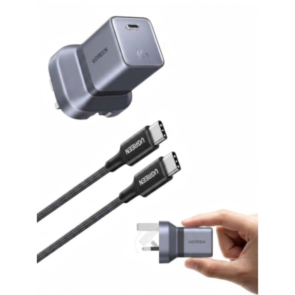 Fast charger for laptops and smartphones, aluminum alloy body, grey, 65W PD fast charging with included 100W USB-C cable 1m