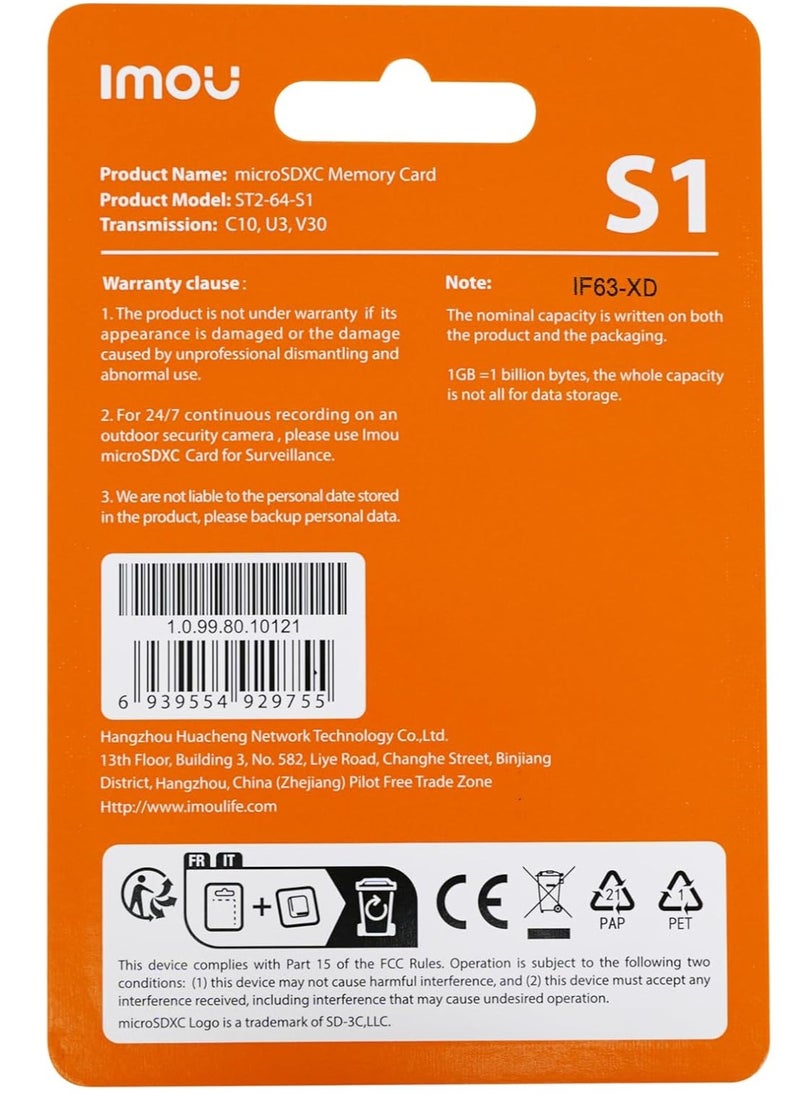IMOU - 64GB Ultra Fast Speed Micro SDXC Memory Card Class 10 (U3/ V30/3D) TLC Nand Flash Card with Read Speed is 95MB/s and Write Speed is 38MB/s - Image 1