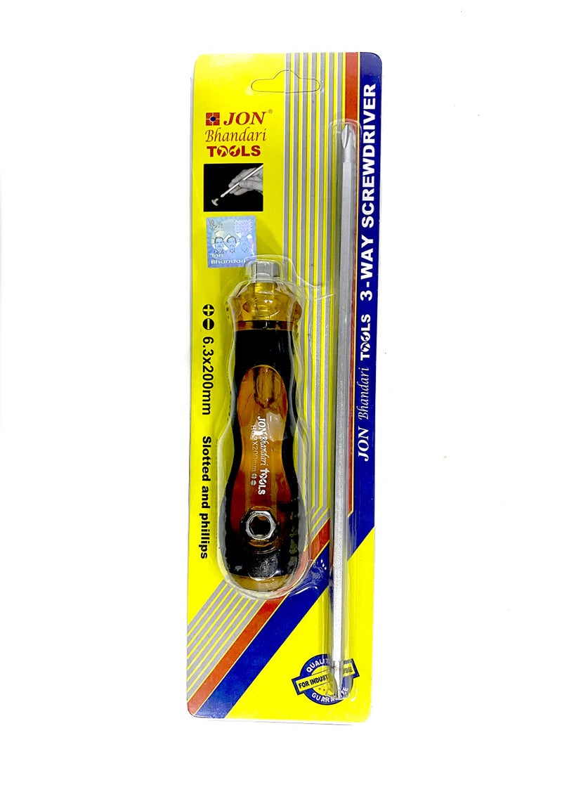 Jon Bhandari Tools 3-Way Interchangeable Screwdriver | Slotted & Phillips Head (6.3 x 200mm) | Heavy Duty Hand Tool for Home, Garage & Electrical Use - Image 1